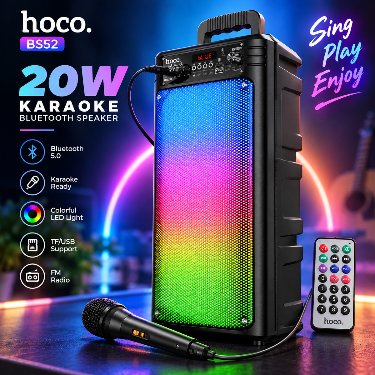 Hoco BS52 20W Karaoke Bluetooth Speaker – 6.5-Inch Dual Drivers, Bluetooth 5.0, TWS, FM, USB/TF Support, RGB Lights & Wired Microphone Included