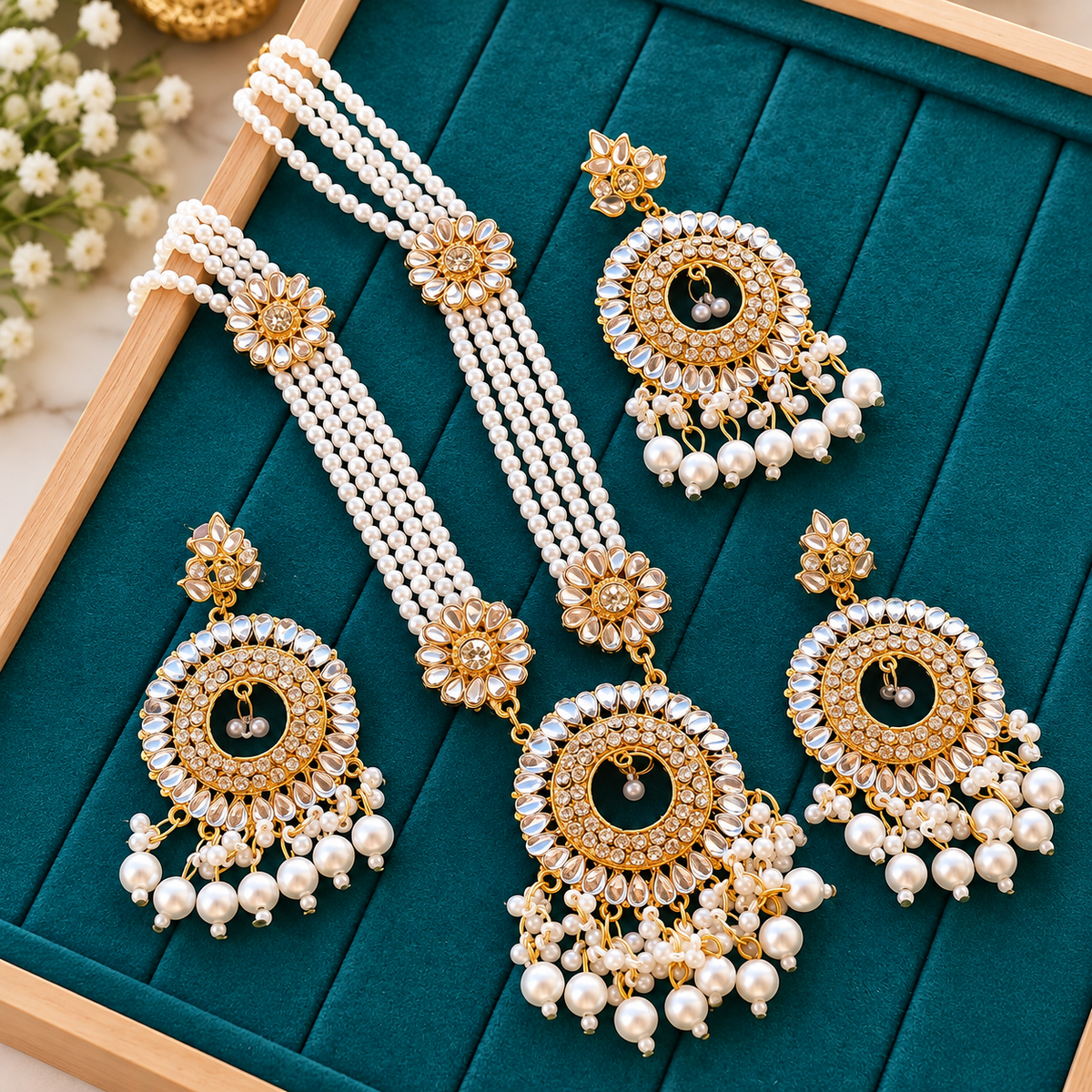 Exclusive Gorgeous Gold-Plated Kundan and Pearl Sitahar Jewelry Set (Sitahar, Earrings, and Tikli)