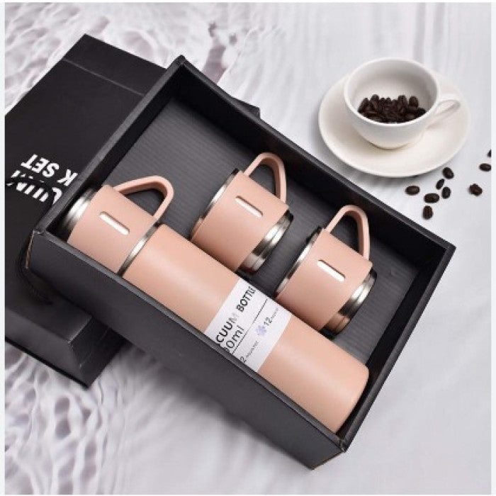 3-Piece Stainless Steel Vacuum Flask Set – 500ml Double-Wall Insulated Thermos Bottle with Cups for Hot & Cold Drinks, Travel & Gifting