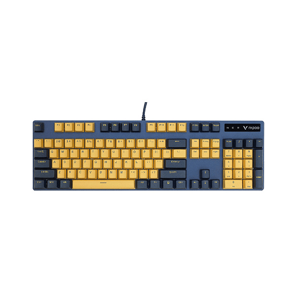 Rapoo V500 Pro Yellow-Blue Mechanical Gaming Keyboard – Full-Size 104-Key Layout, Tactile Mechanical Switches, Backlit Illumination, Anti-Ghosting & Durable Dual-Tone Design