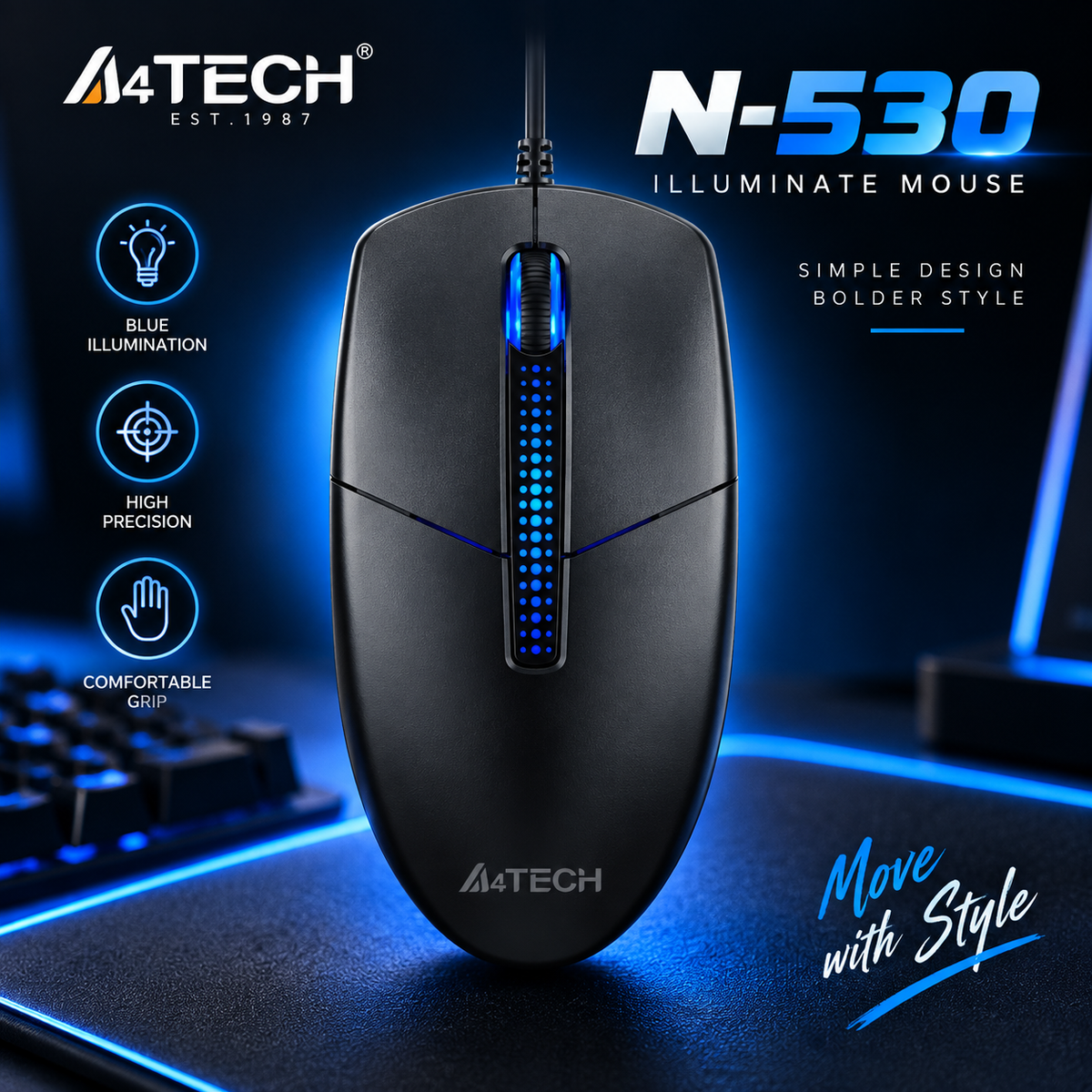 A4Tech N-530 Illuminated Wired Optical Mouse – 1200 DPI, Symmetric Design, 1.5M USB Cable, Plug & Play & Durable Build for PC & Laptop