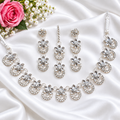 Glamorous Silver Plated Crystal Jewelry Set (Necklace, Earrings & Maang Tikka)