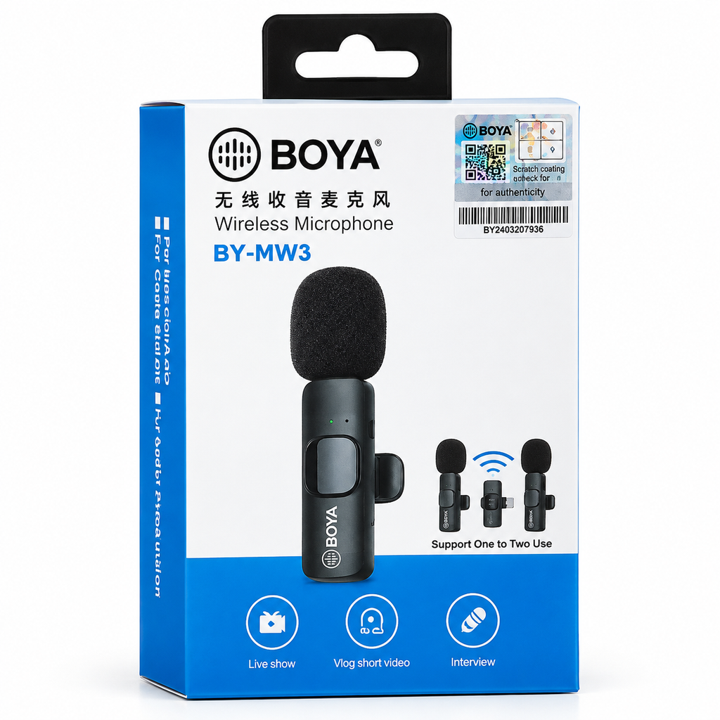 BOYA BY-MW3 Lightning Wireless Lavalier Microphone – Plug & Play Omnidirectional Clip-On Mic with 65ft Range, 8H Battery & Real-Time Sync for iPhone & iPad