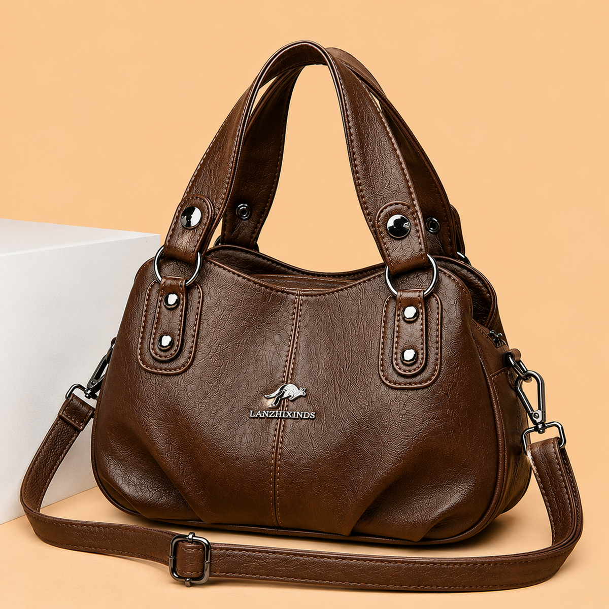 Premium Multi-Compartment Designer Handbag - Brown