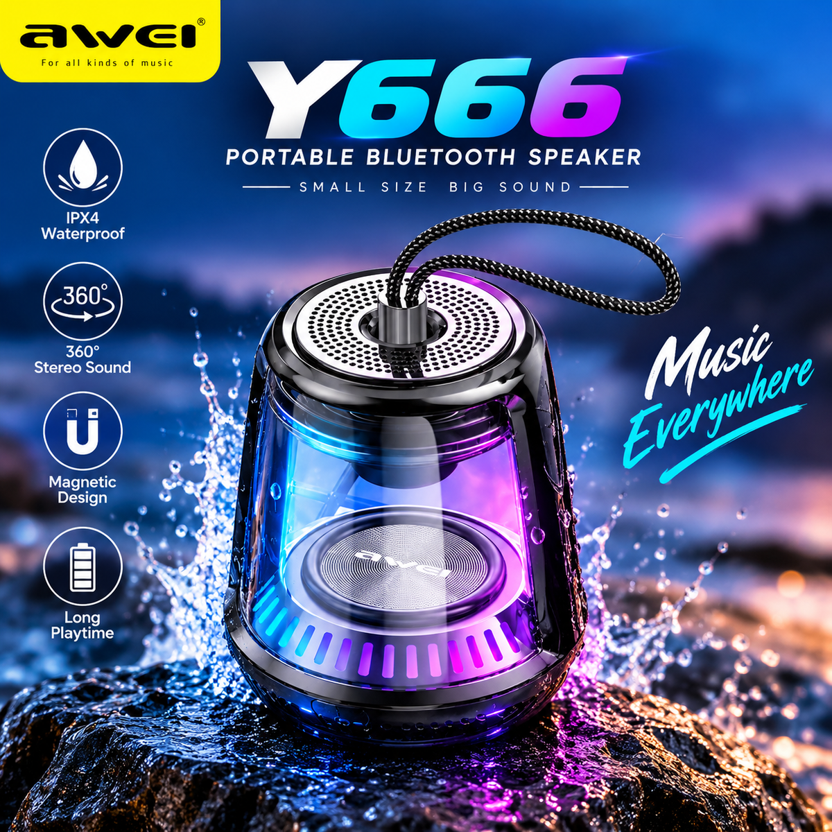Awei Y666 Portable Outdoor Wireless Bluetooth Speaker – 5W Power, Bluetooth 5.0, IPX6 Waterproof, Magnetic Base, RGB Lighting & 6D Stereo Sound