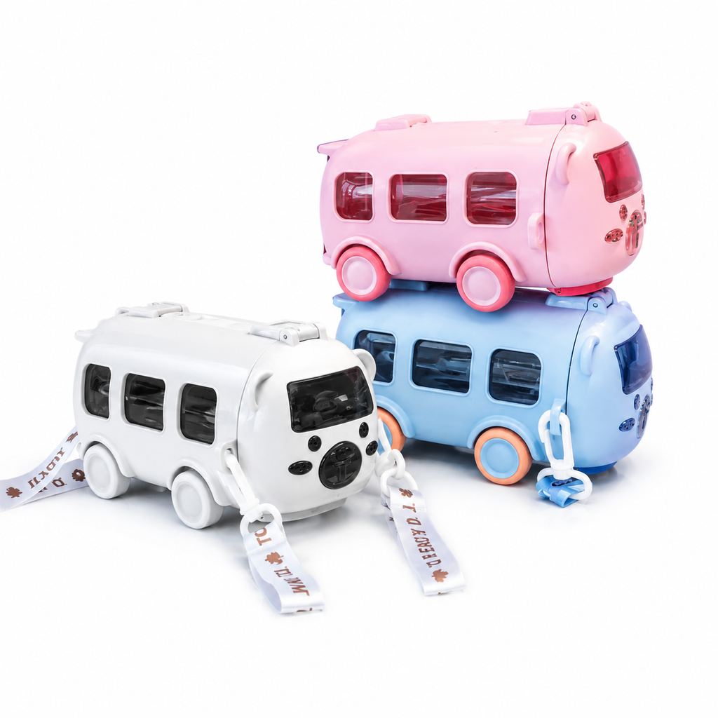 Cute Bear Bus Shape Water Bottle for Kids – 500ml Leak-Proof Plastic Drinking Cup with Straw & Shoulder Strap for School & Travel