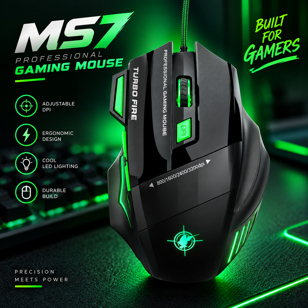 MS7 Professional Wired Gaming Mouse – Up to 3200 Adjustable DPI, Dedicated Turbo Fire Key, 7 Programmable Buttons, Braided Cable, Multi-Color RGB Breathing Lighting & Ergonomic Design