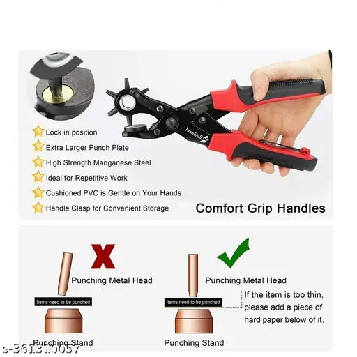 Heavy Duty Rotary Leather Hole Punch Plier – 6-in-1 Adjustable Punch Tool with 2mm to 4.5mm Sizes, Ergonomic Anti-Slip Grip for Belts, Watch Straps & Leather Crafts