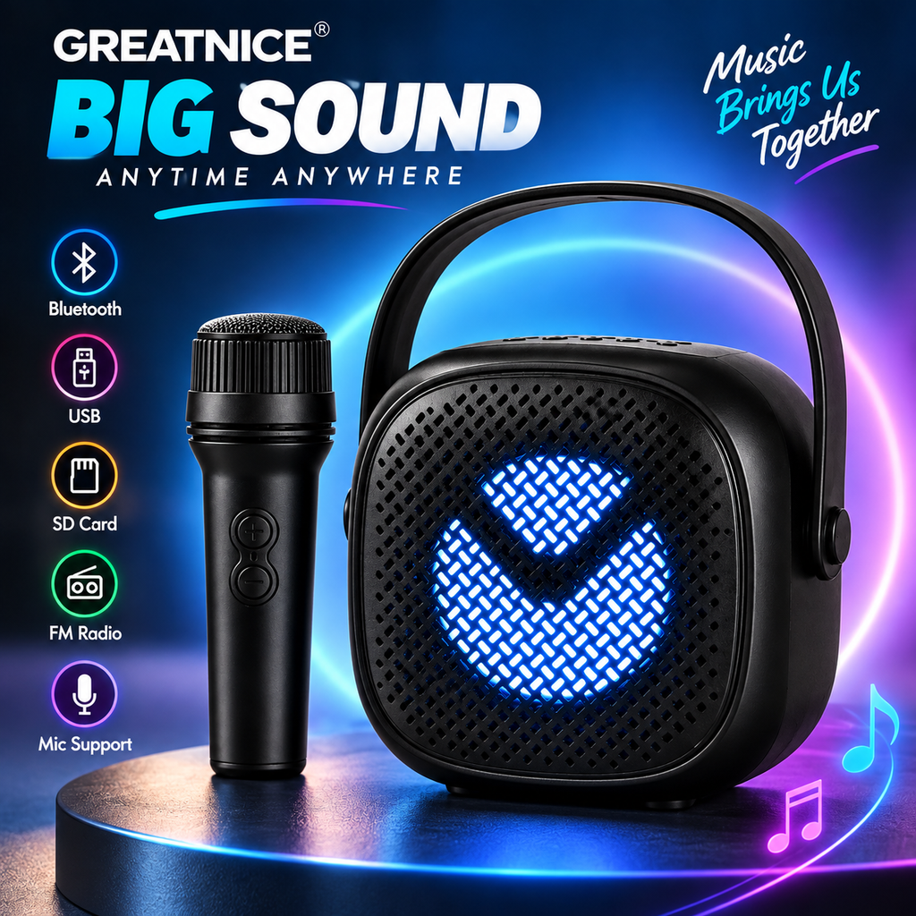 GREATNICE Portable Wireless Bluetooth Speaker with Mic – 3-Inch Big Sound Speaker, USB, SD Card, FM Radio & Karaoke Support with Stylish Lighting