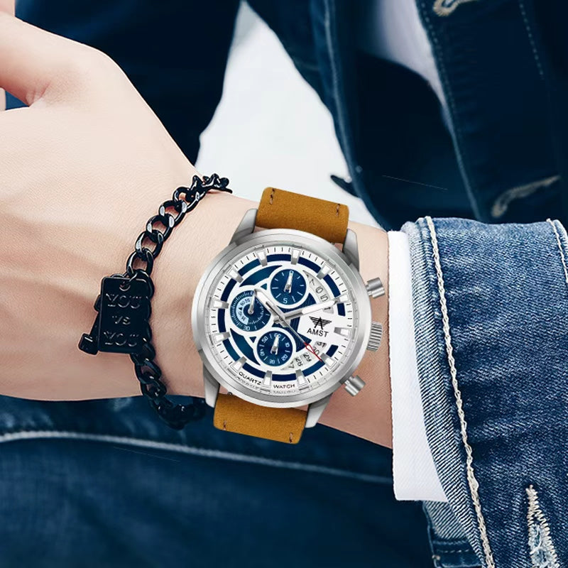 AMST 3068 Stylish Men's Luxury Chronograph Watch – White & Blue Dial, Silver Stainless Steel Case, Premium Tan Leather Strap, Date Display & Quartz Movement Sport Wristwatch