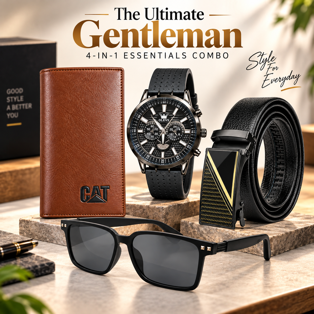 The Ultimate Gentleman's 4-in-1 Essentials Combo(2) – Olevs Skeleton Wrist Watch, Automatic Leather Belt, Wayfarer Sunglasses & Classic Long Wallet Set for Men