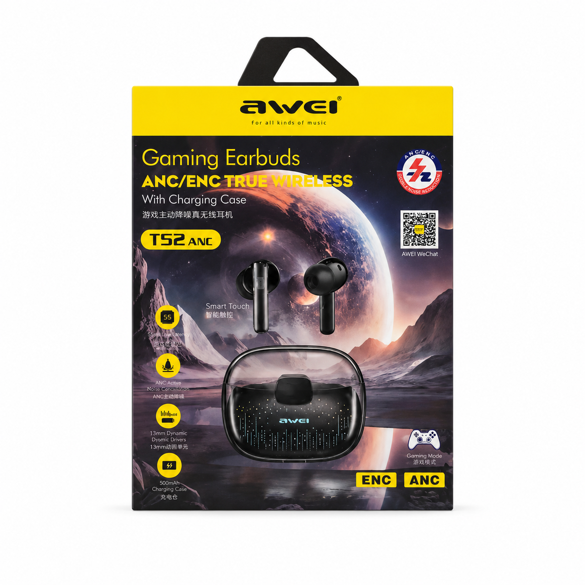 Awei T52 ANC True Wireless Earbuds – Bluetooth 5.3 TWS with -30dB Active Noise Cancellation, RGB Breathing Light, IPX6 Waterproof & 24H Battery