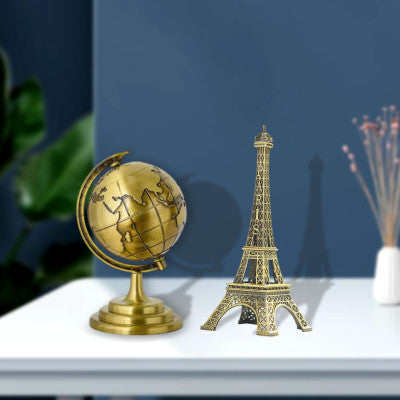 3D Rotating World Map Globe & Metal Eiffel Tower Showpiece Combo Set – Bronze & Gold Wash Finish, Elegant Tabletop Home & Office Decor, Luxury Travel Gift & Photoshoot Prop