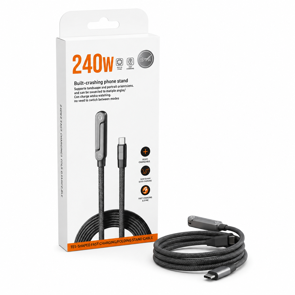 240W 5A Fast Charging & Sync USB-C to USB-C Cable – Braided Cord with Built-in Folding Phone Stand for Landscape & Portrait Viewing