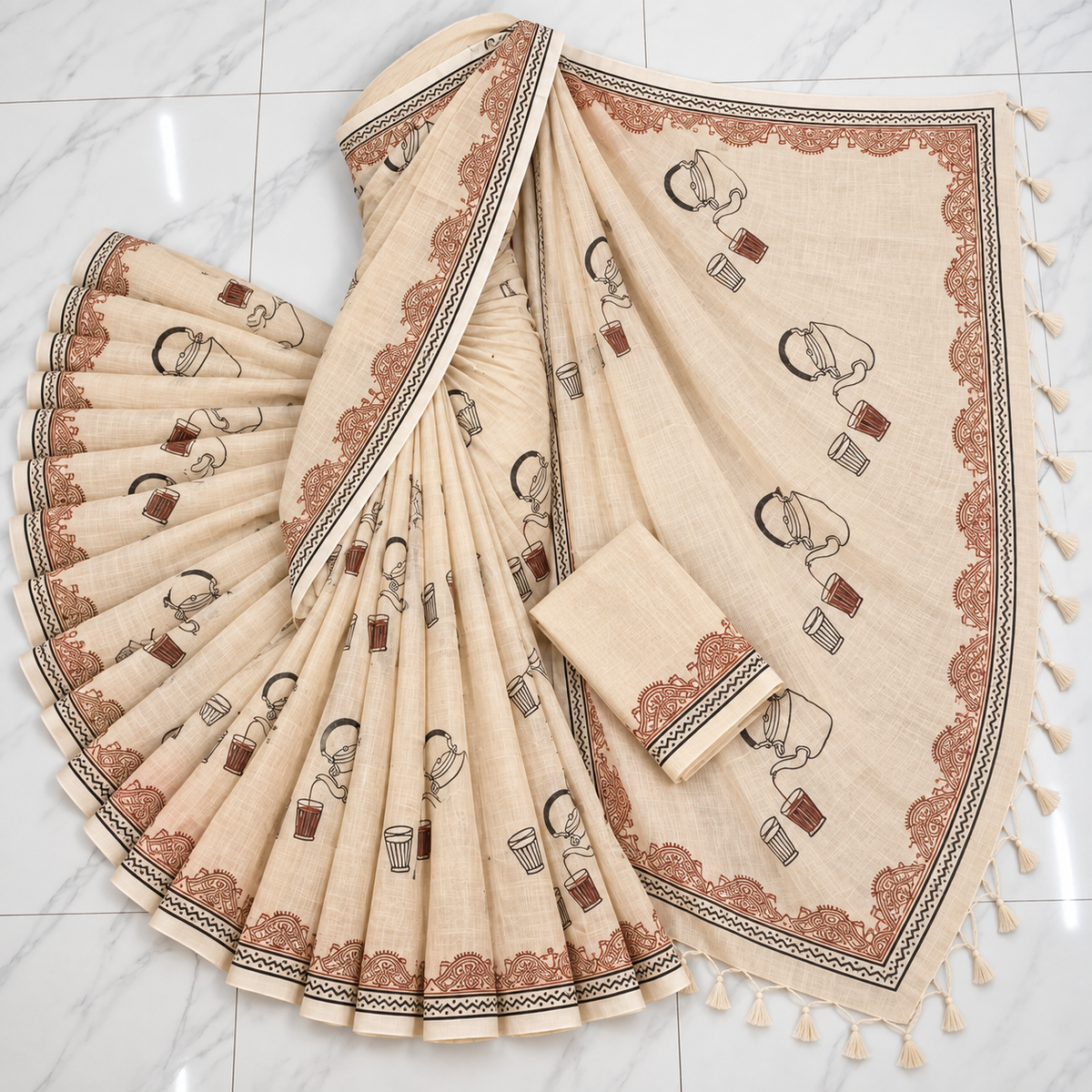 Exclusive Off-White ‘Tea-Lover’ Art Block Print Cotton Saree