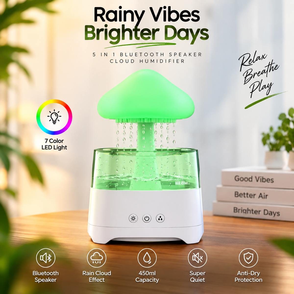 5-in-1 Rain Cloud Humidifier & Bluetooth Speaker – 450ml Capacity, Relaxing Rain Sound, 7-Color Ambient Light & Smart Anti-Dry Protection