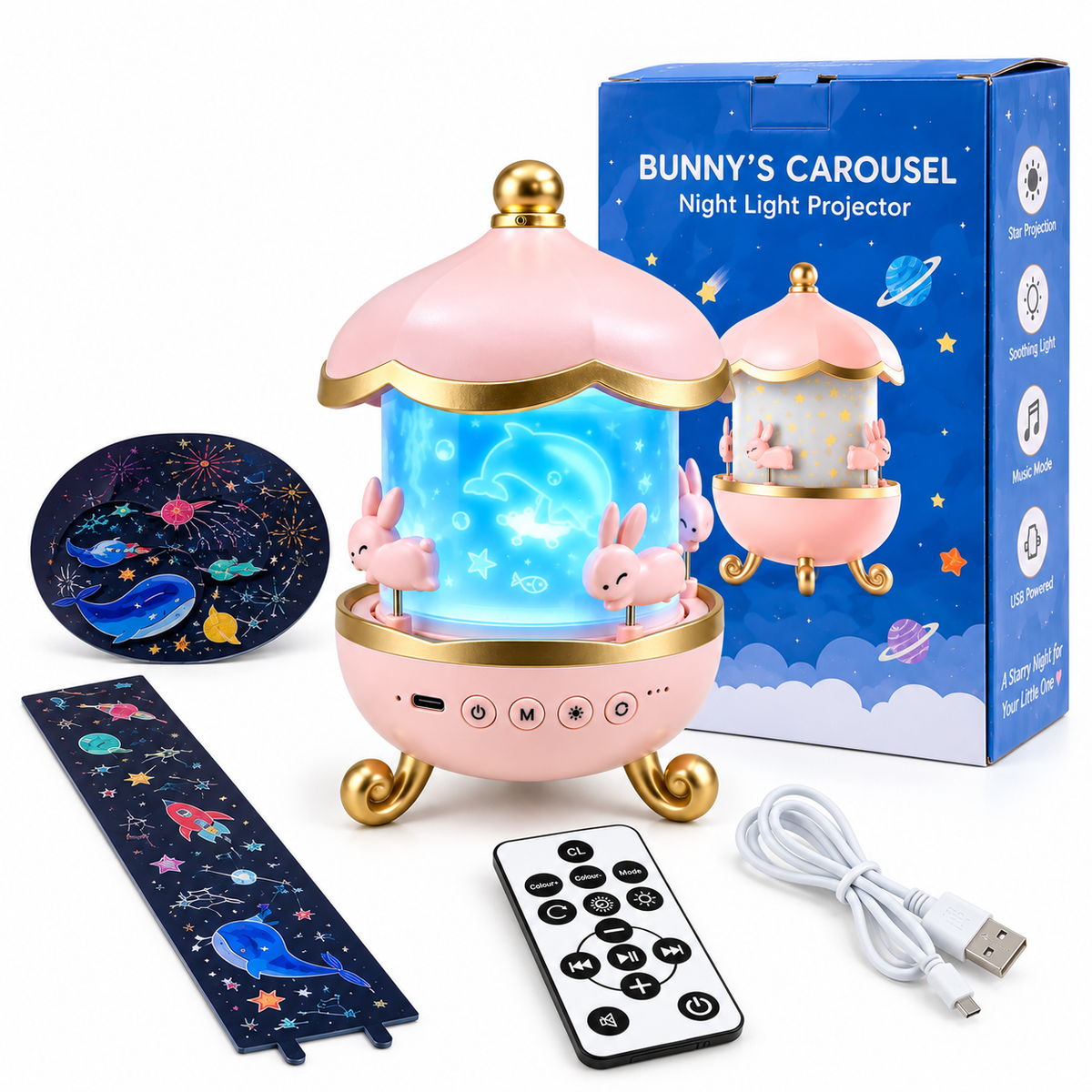 Bunny Carousel Night Light Projector – Rotating LED Star & Galaxy Projection Lamp with 6 Themes, 5 Color Patterns & Adjustable Brightness for Kids Room & Nursery Decor