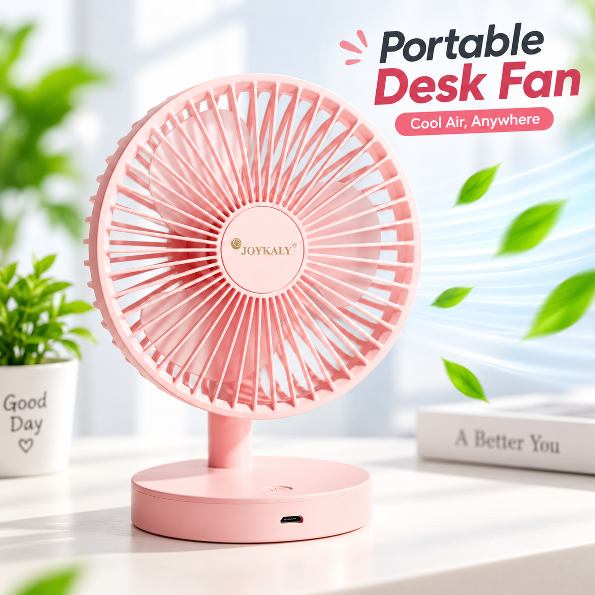 Joykaly YG-735 Rechargeable Portable Desk Fan – 2400mAh Lithium Battery, 3-8 Hours Backup, 90° Adjustable Angle, 3-Blade Cooling Fan for Home & Office