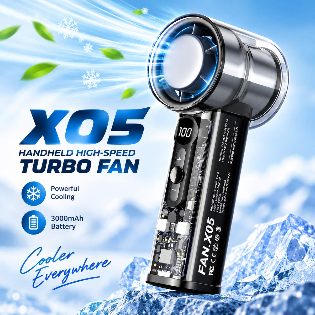 X05 Handheld High-Speed Turbo Cooling Fan – 3000mAh Battery, Ice Cooling Technology, 1-100 Stepless Speed Control, Digital LED Display & Transparent Design