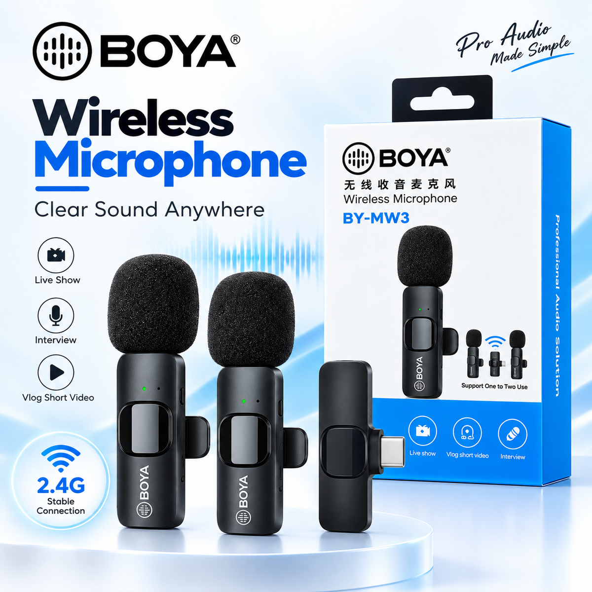 BOYA BY-MW3 Lightning Wireless Lavalier Microphone – Plug & Play Omnidirectional Clip-On Mic with 65ft Range, 8H Battery & Real-Time Sync for iPhone & iPad