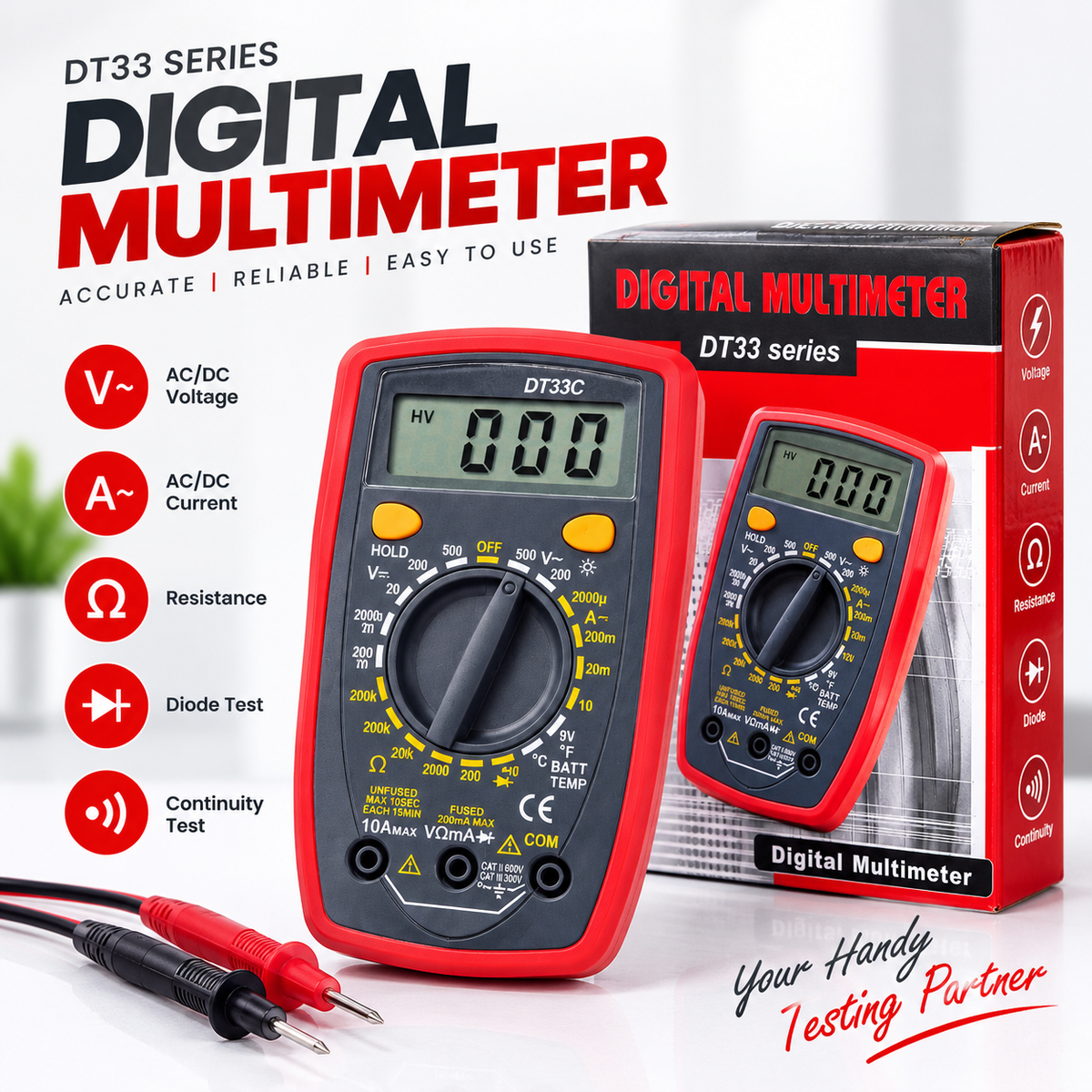 Digital Multimeter DT33 Series (DT33B, DT33C, DT33D) – Compact Pocket Multitester with Backlight, DC/AC Voltage, Current, Resistance, Diode, Battery & Temperature Test