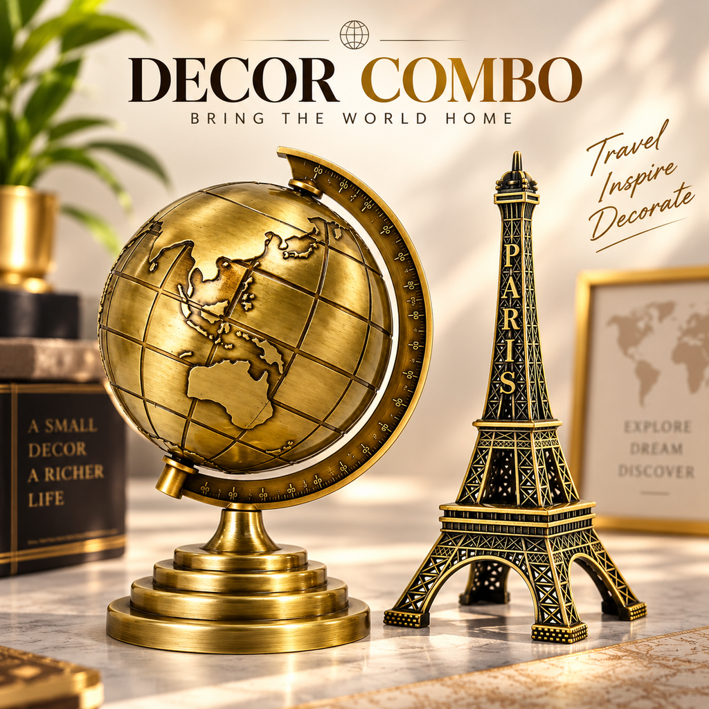 3D Rotating World Map Globe & Metal Eiffel Tower Showpiece Combo Set – Bronze & Gold Wash Finish, Elegant Tabletop Home & Office Decor, Luxury Travel Gift & Photoshoot Prop