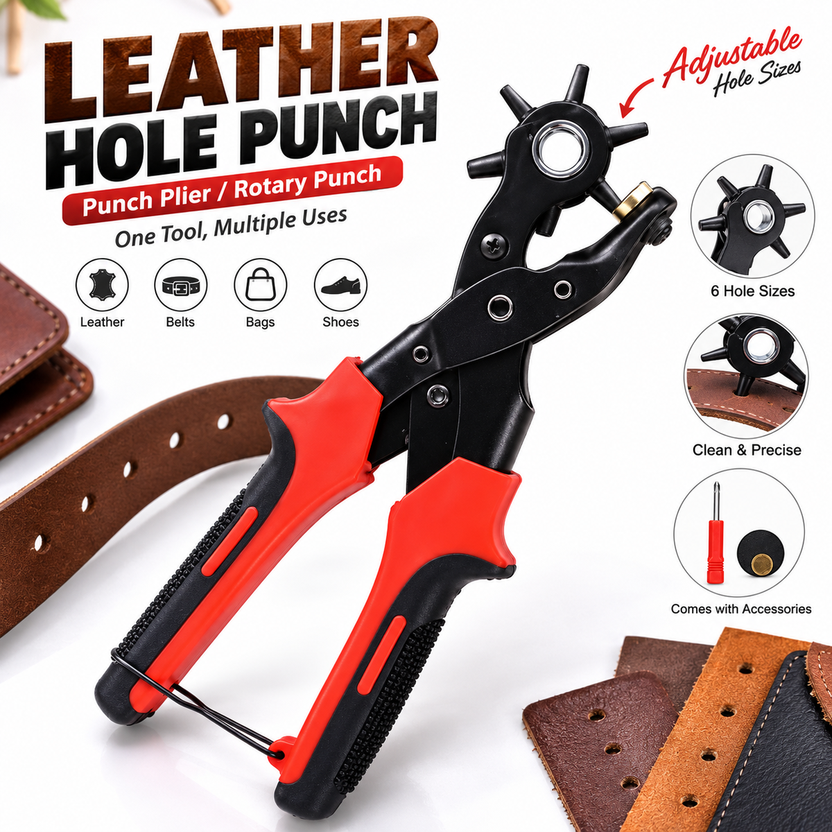 Heavy Duty Rotary Leather Hole Punch Plier – 6-in-1 Adjustable Punch Tool with 2mm to 4.5mm Sizes, Ergonomic Anti-Slip Grip for Belts, Watch Straps & Leather Crafts