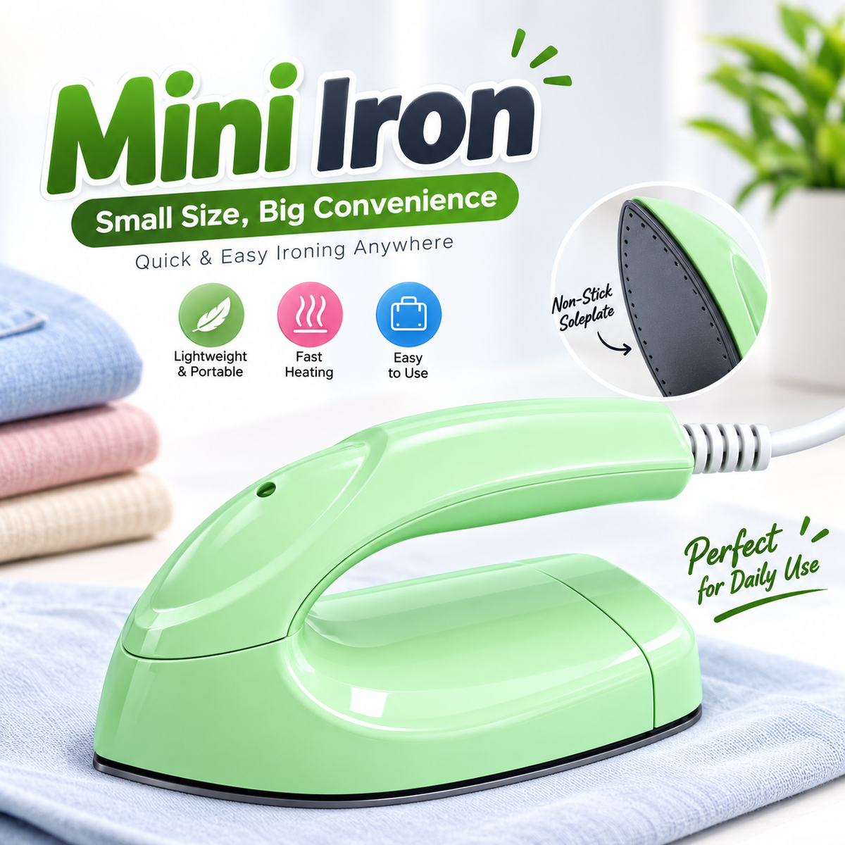 Portable Mini Iron – Compact Travel Clothes Press with Minimalist Aesthetics, Soft-Touch Grip, Simple Macron Colors & 25W Energy-Saving Power