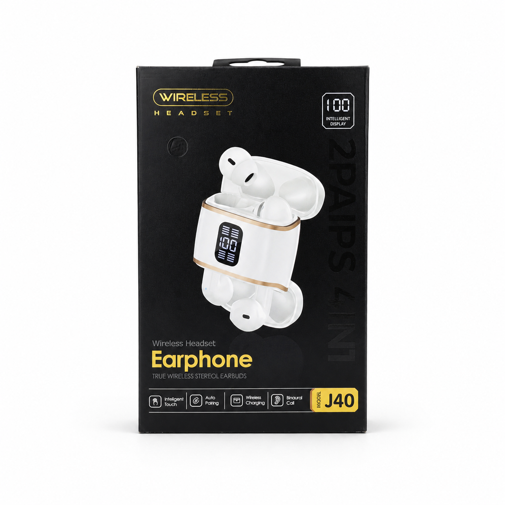 J40 4-in-1 True Wireless Earbuds – Bluetooth 5.4 TWS with Dual-Side Charging Case, Smart LED Display, Active Noise Cancellation & IPX5 Waterproof