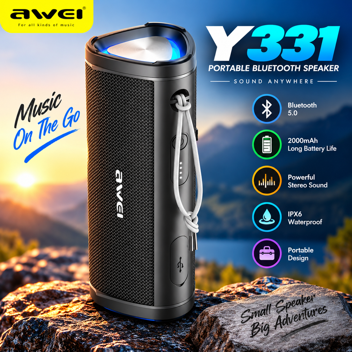 Awei Y331 Portable Wireless Bluetooth 5.0 Speaker – 10W Dual Drivers, 2000mAh Battery, 10H Playtime, Hands-Free Calling & TF/AUX Support (6 Months Warranty)