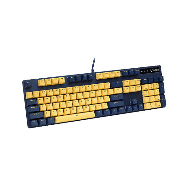 Rapoo V500 Pro Yellow-Blue Mechanical Gaming Keyboard – Full-Size 104-Key Layout, Tactile Mechanical Switches, Backlit Illumination, Anti-Ghosting & Durable Dual-Tone Design