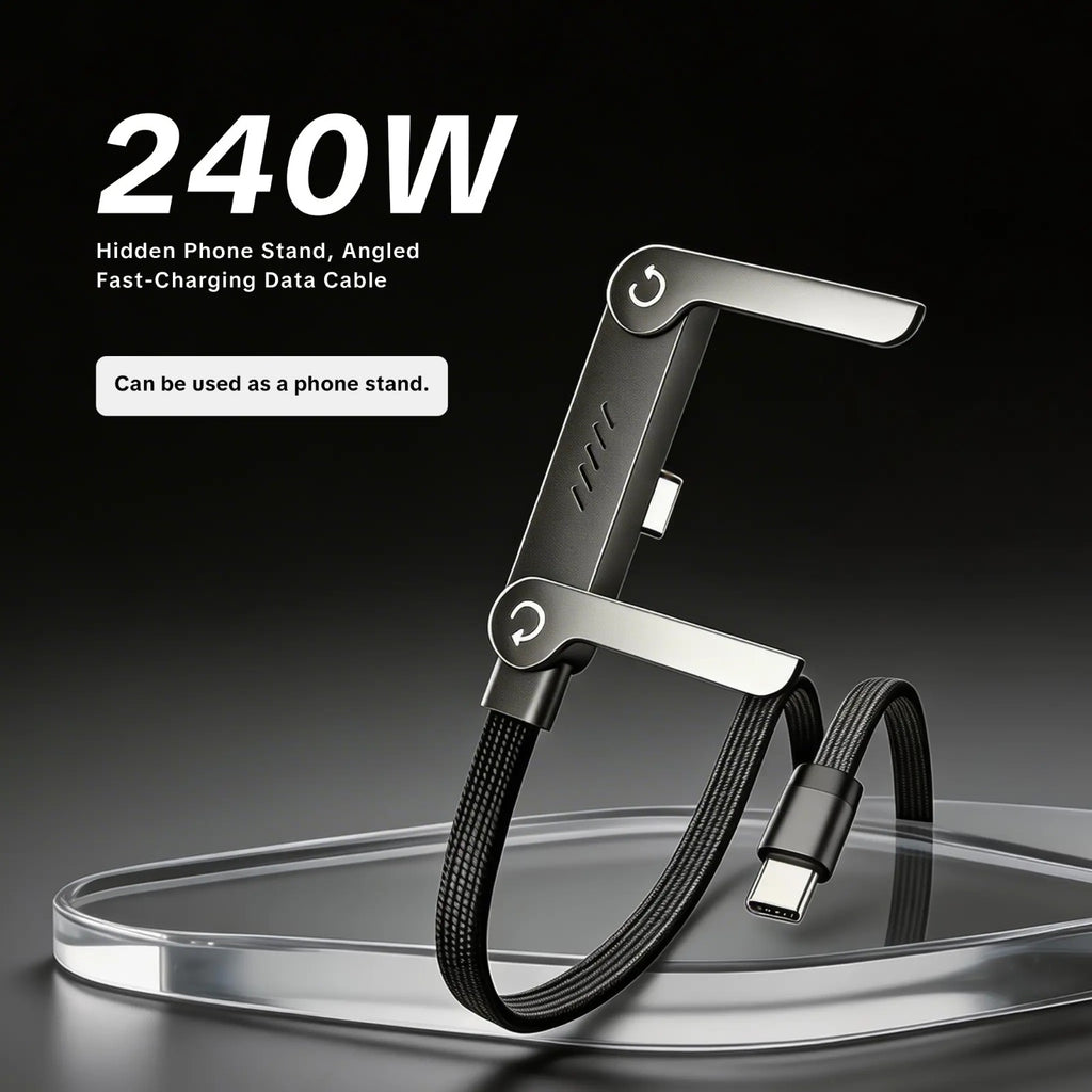 240W 5A Fast Charging & Sync USB-C to USB-C Cable – Braided Cord with Built-in Folding Phone Stand for Landscape & Portrait Viewing