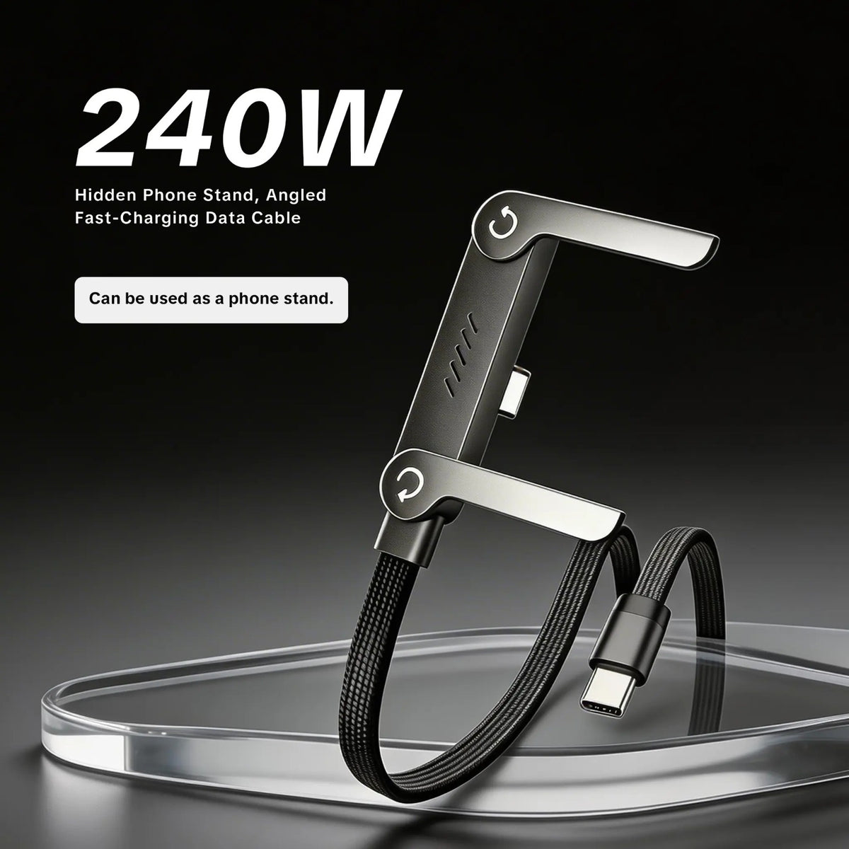 240W 5A Fast Charging & Sync USB-C to USB-C Cable – Braided Cord with Built-in Folding Phone Stand for Landscape & Portrait Viewing