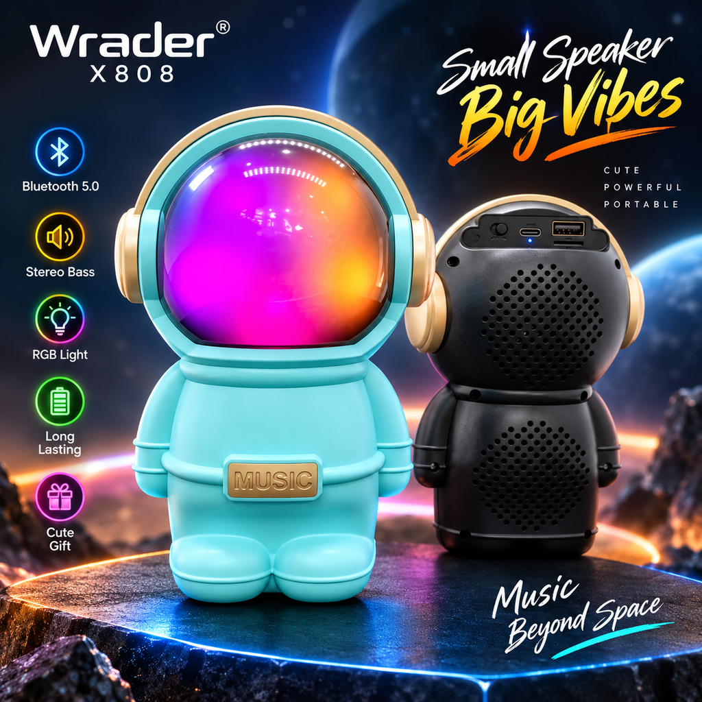 Wrader X808 Cute Astronaut Wireless Bluetooth Speaker – 5W Woofer Bass, RGB LED Lights, TWS Stereo, FM, USB & TF Card Support