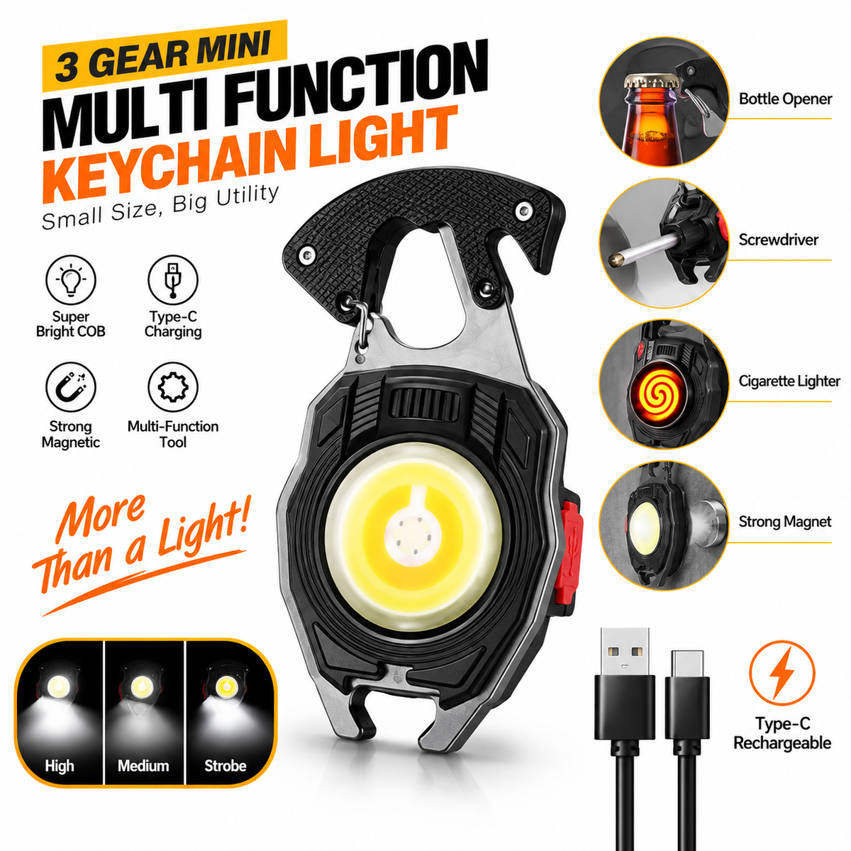 3 Gear Mini Rechargeable Keychain Flashlight – Multifunctional COB Pocket Torch with Magnetic Base, Screwdriver, Wrench, Cigarette Lighter & Waterproof Design