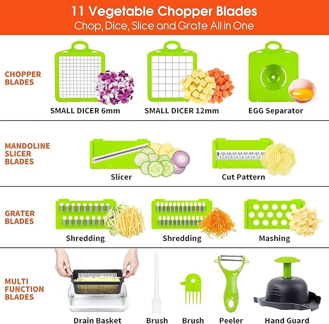 16-in-1 Multifunctional Vegetable Chopper & Mandoline Slicer – Professional Kitchen Food Cutter with Stainless Steel Blades, Storage Container & Handguard