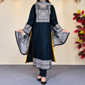 Elegant Mustard Yellow & Slate Blue Printed Cotton Three-Piece Set  Overview: