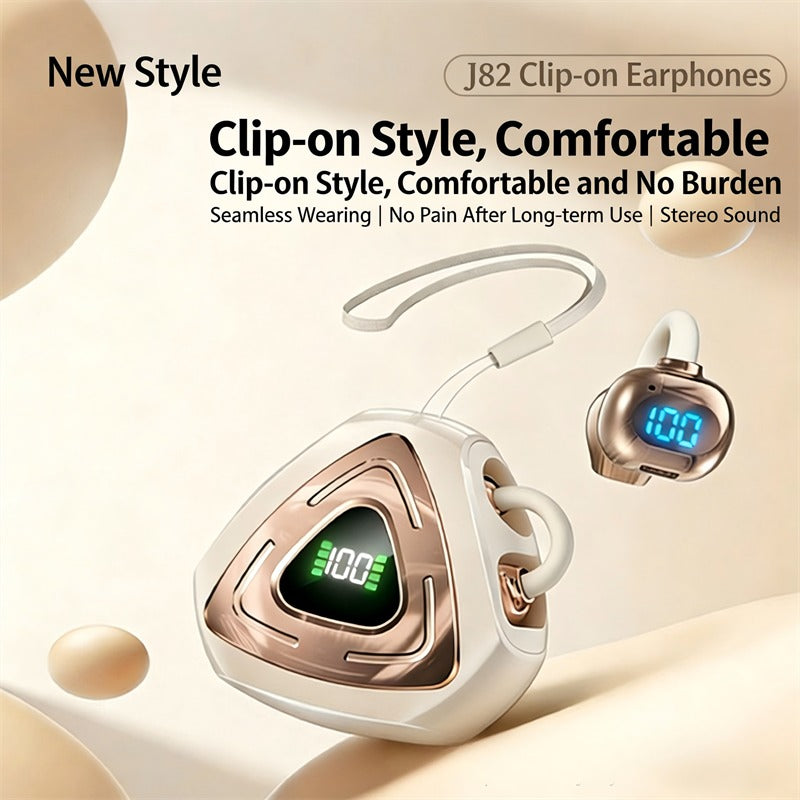 J82 Open-Ear Clip-On True Wireless Earbuds – Bluetooth 5.4 TWS Gaming Headphones with Digital LED Display, Low Latency & IPX4 Waterproof