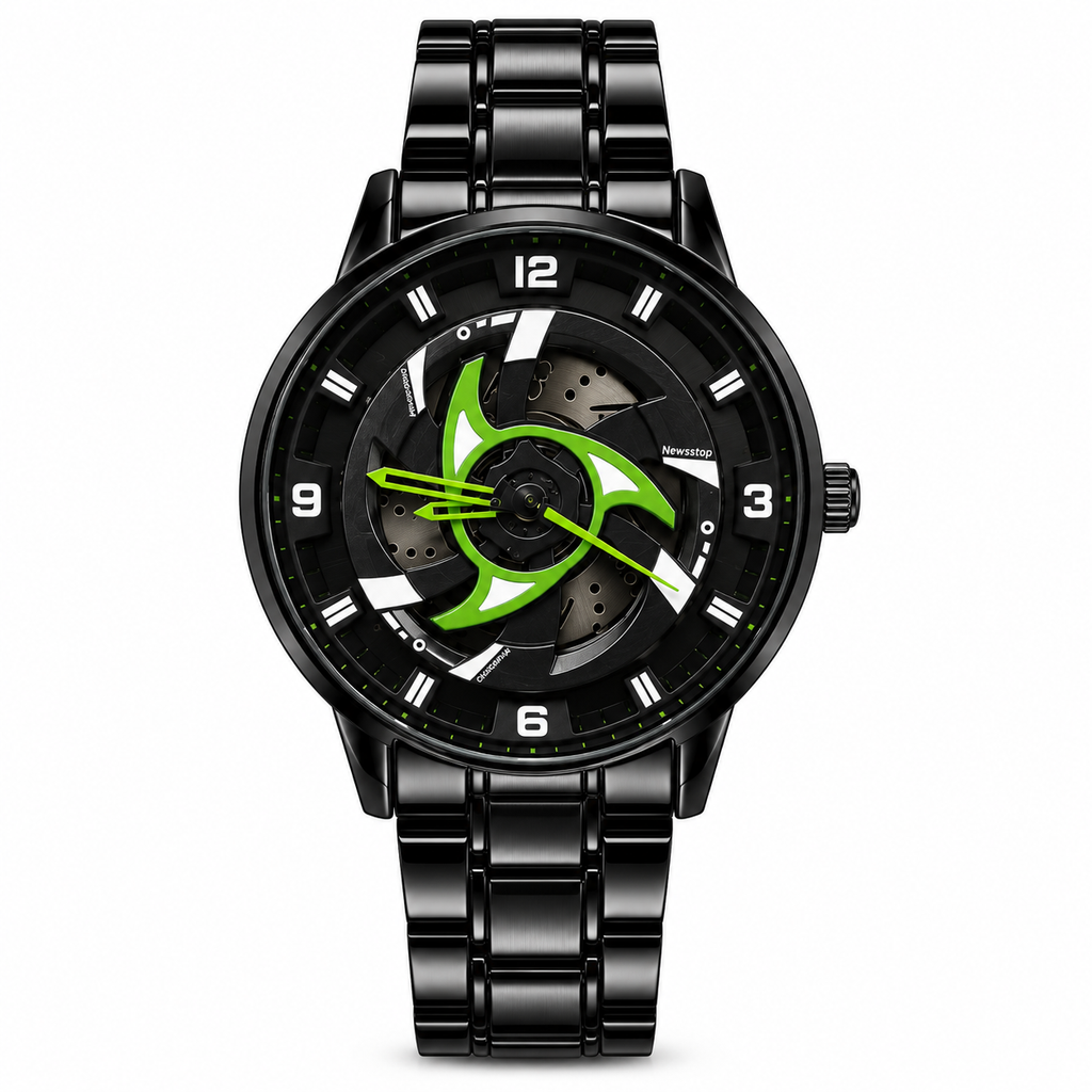 360° Rotating Car Wheel Rim Quartz Watch – Matte Black Metal Sports Wristwatch, 3D Alloy Rim & Brake Disc Dial, Stainless Steel Strap & Scratch-Resistant Glass for Men
