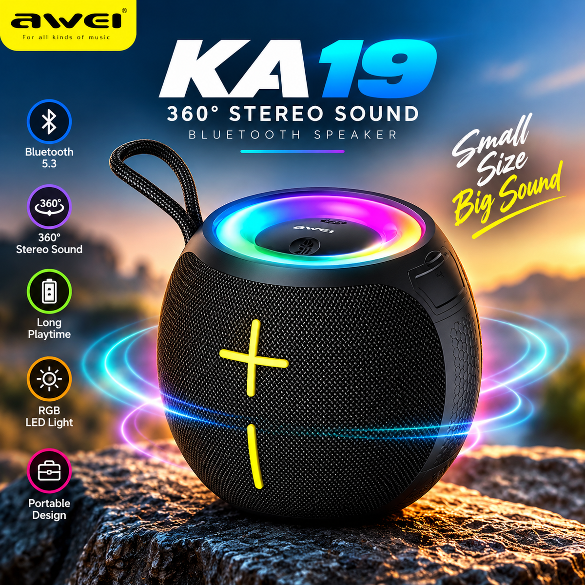 Awei KA19 Portable Wireless Bluetooth Speaker – 360° Surround Stereo Sound, Bluetooth 5.3, 12W Power, IPX4 Waterproof & RGB Ambient Light