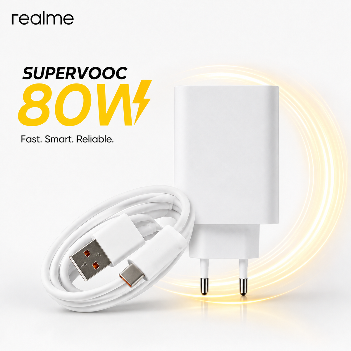 Realme 80W Super Fast Charging Adapter with Cable – Original SuperVOOC Wall Charger with 10W Standard Charging Support & Smart Safety Protection