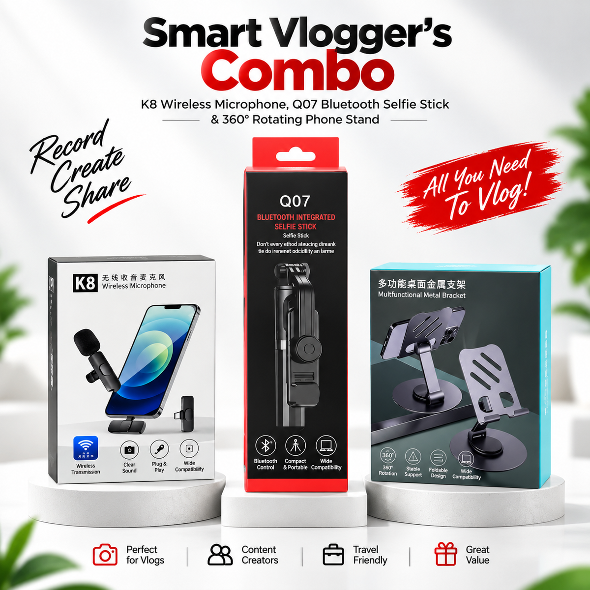 Smart Vlogger's Combo – K8 Wireless Lavalier Microphone, Q07 Bluetooth Selfie Stick Tripod & 360° Rotating Phone & Tablet Stand for Content Creators