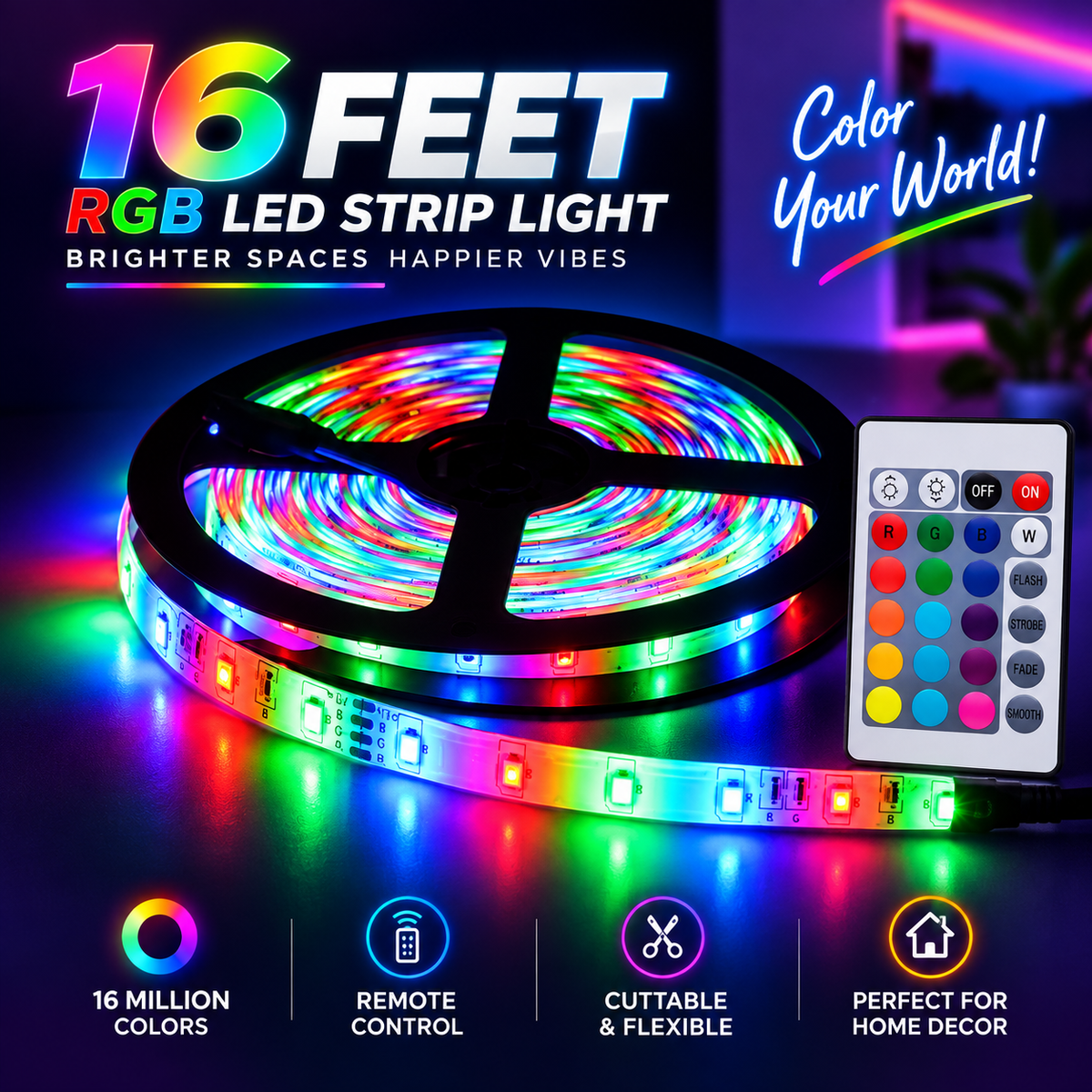 16 Feet RGB Remote Control LED Strip Light – Color Changing Flexible Strip with Flash, Strobe & Smooth Modes for TV Backlight, Gaming Setup & Room Decor