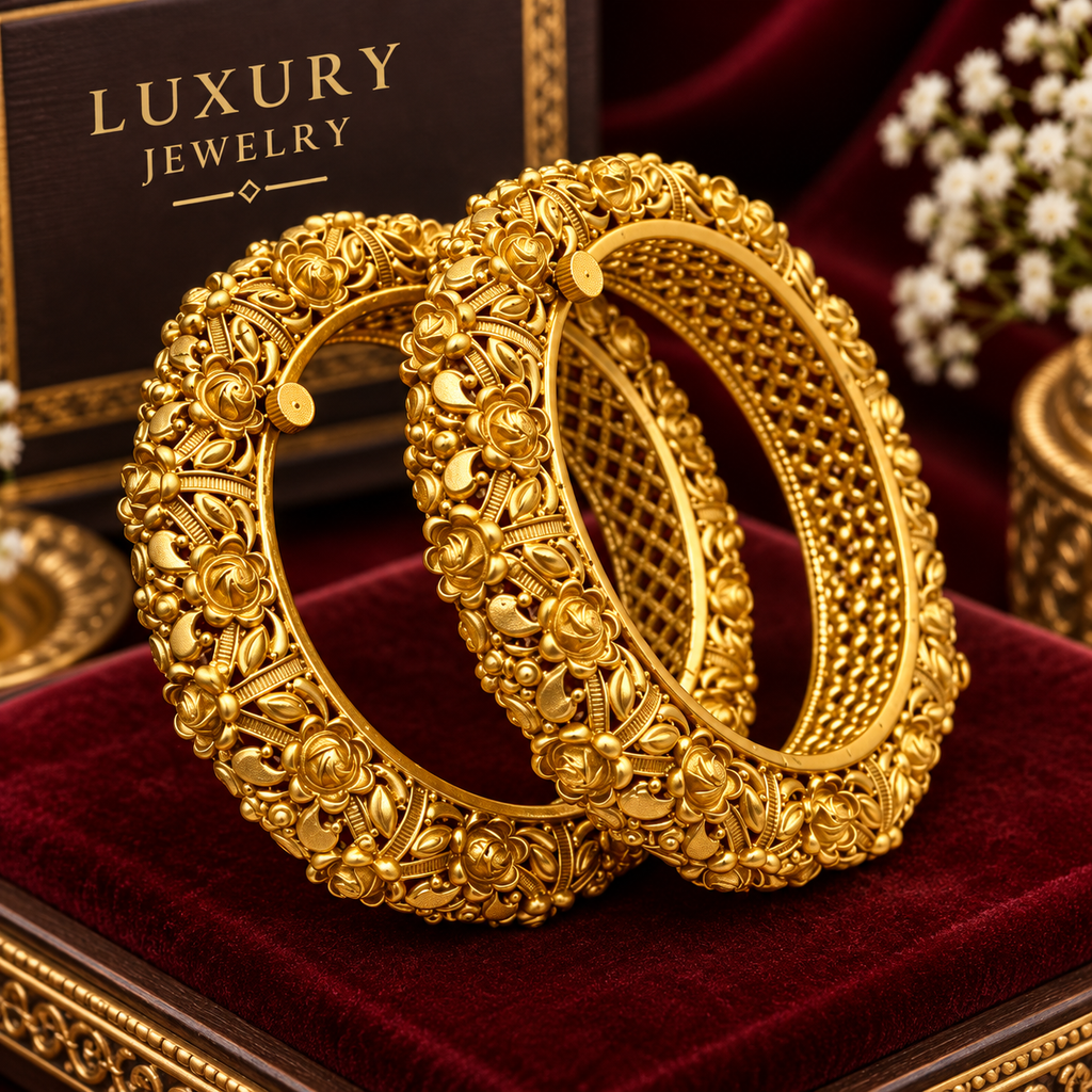 Royal Embossed Floral Gold-Plated Bangle Set
