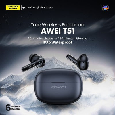 Awei T51 True Wireless Earbuds – Bluetooth 5.4 TWS with 10mm Drivers, ENC Noise Cancelling Mic, IPX6 Waterproof & 300mAh Case