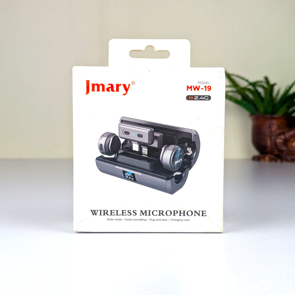Jmary MW-19 Dual Wireless Lavalier Microphone – 2.4GHz Clip-On Mic with Smart Charging Case, Digital Display, Noise Cancellation & Mute Mode for Vlogging & Interviews