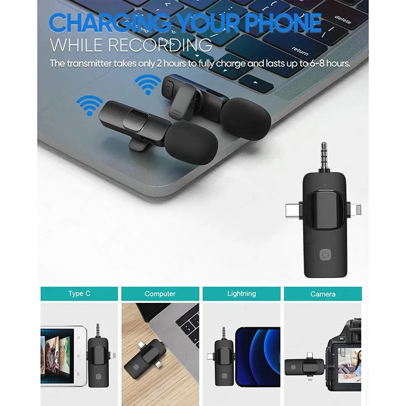 3-in-1 Universal Wireless Lavalier Microphone – Omnidirectional Condenser Clip-On Mic with iPhone, Type-C & 3.5mm Connectors for Cameras, Computers, Smartphones & Live Streaming