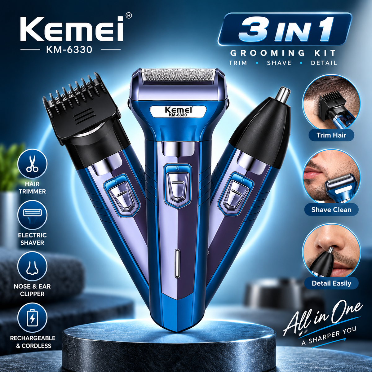 Kemei KM-6330 3-in-1 Rechargeable Hair Trimmer, Electric Shaver & Nose Clipper Grooming Kit – Universal Voltage, 60-Min Runtime & 4 Guide Combs