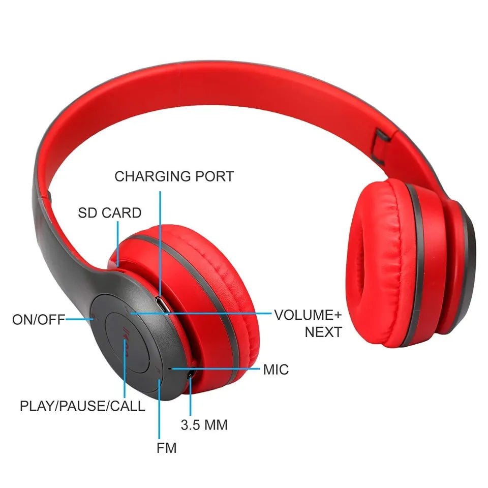 P47 Wireless Bluetooth Stereo Headphone – 40mm Driver Units, Dual Wired & Wireless Modes, Built-in FM Radio, TF Card Slot, 6H Playtime & Universal Compatibility for Gaming & Sports