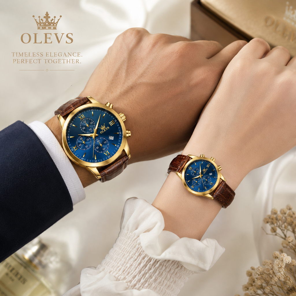 OLEVS Premium Luxury Leather Strap Couple Watch Set – Golden Case, Deep Blue Roman Numeral Dial, Chronograph, Date Display & Crocodile Texture Brown Leather Band (Perfect Anniversary & Wedding Gift)